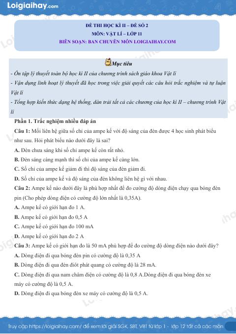 Đề thi học kì 2 Vật lí 11 Kết nối tri thức - Đề số 2